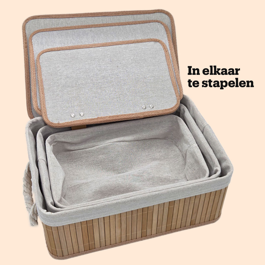 Bamboe Manden Met Deksel Set van 3 stuks 06