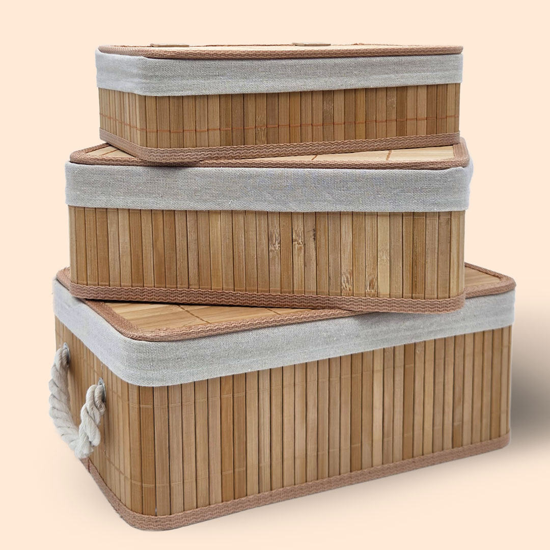 Bamboe Manden Met Deksel Set van 3 stuks 09