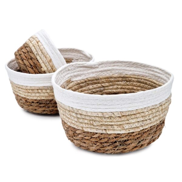Decoratieve ronde manden set van 3 gemaakt van zeegras 21 18 15 cm multifunctionele kleine mandenset van natuurlijke vezels 05