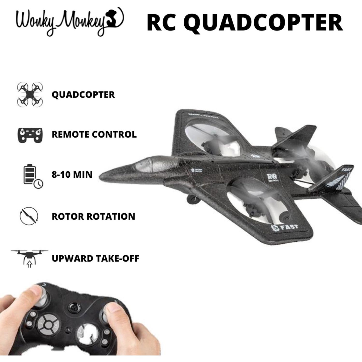 Wonky Monkey RC Quadcopter Drone Straaljager 3 Propellors Vliegtuig 2.4 Ghz Bestuurbaar Vliegtuig Zwart 03