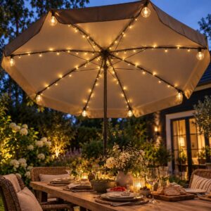 livarno parasolverlichting 80 led warm wit 02 zomers diner in tuin