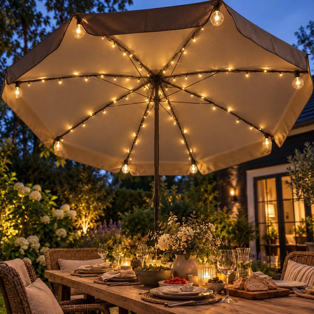 livarno parasolverlichting 80 led warm wit 02 zomers diner in tuin