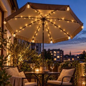 livarno parasolverlichting 80 led warm wit 05 verlichte parasol op balkon
