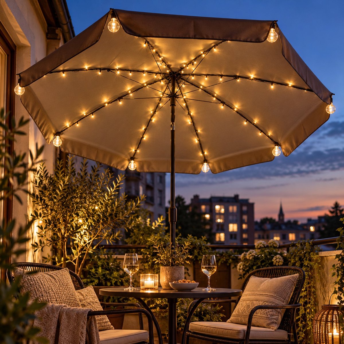 livarno parasolverlichting 80 led warm wit 05 verlichte parasol op balkon